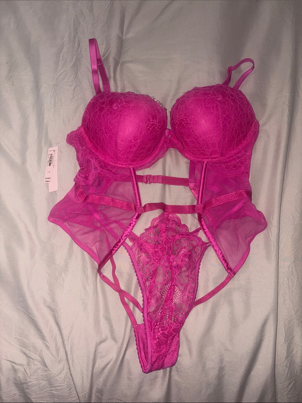 Victorias Secret NWTS LARGE Women's Hot Pink Lace Bodysuit Lingerie
